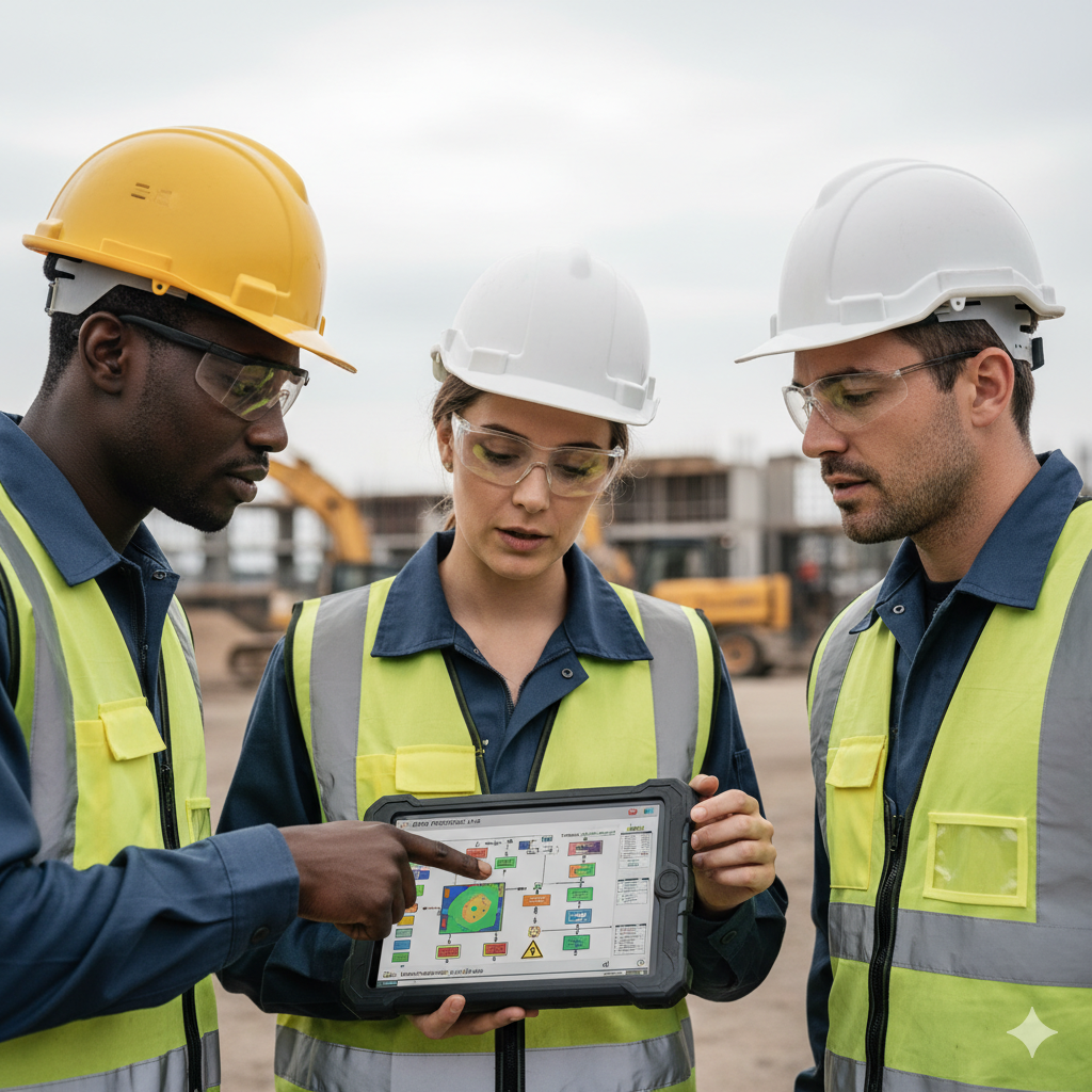 Trabajadores revisando un plan de seguridad en una tablet.